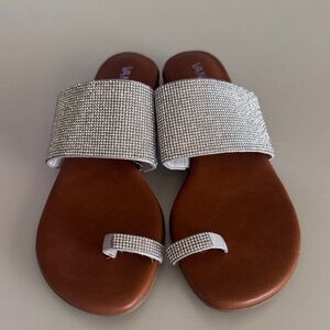 Vaneli Silver Crystal-Embellished Toe-Loop Slide Sandals with Brown Footbed